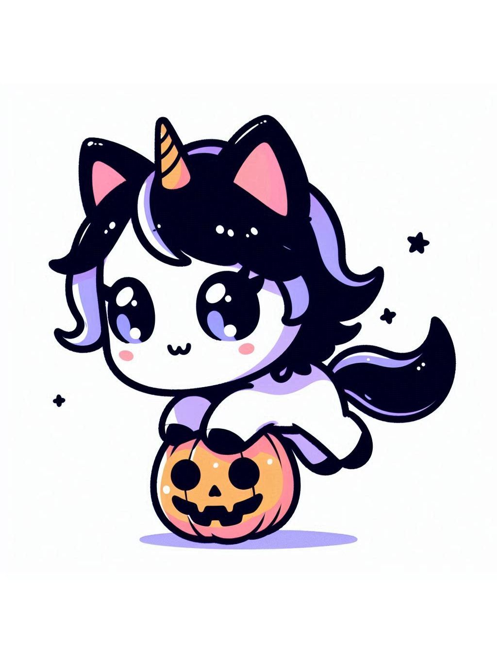 halloween unicorn illustration ideas featuring a cute unicorn with black cat ears resting on a smiling pumpkin, surrounded by stars.